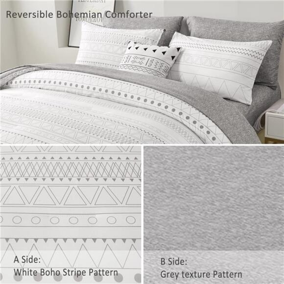 Boho Comforter Set King Size,7 Pieces Grey White Geometric Bohemian Bed in a Bag - Picture 3 of 7